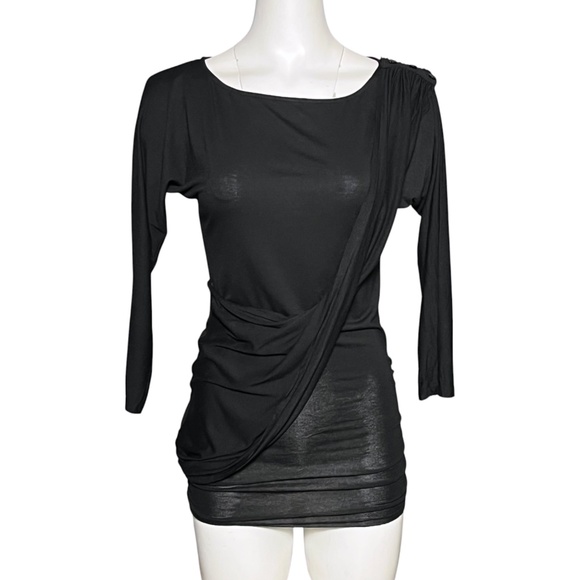 Alice + Olivia Black Stretch Knit Top Boat Neck Draped Ruched Solid Size XS - Picture 1 of 8